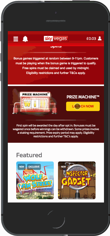 Sky Vegas prize machine animation