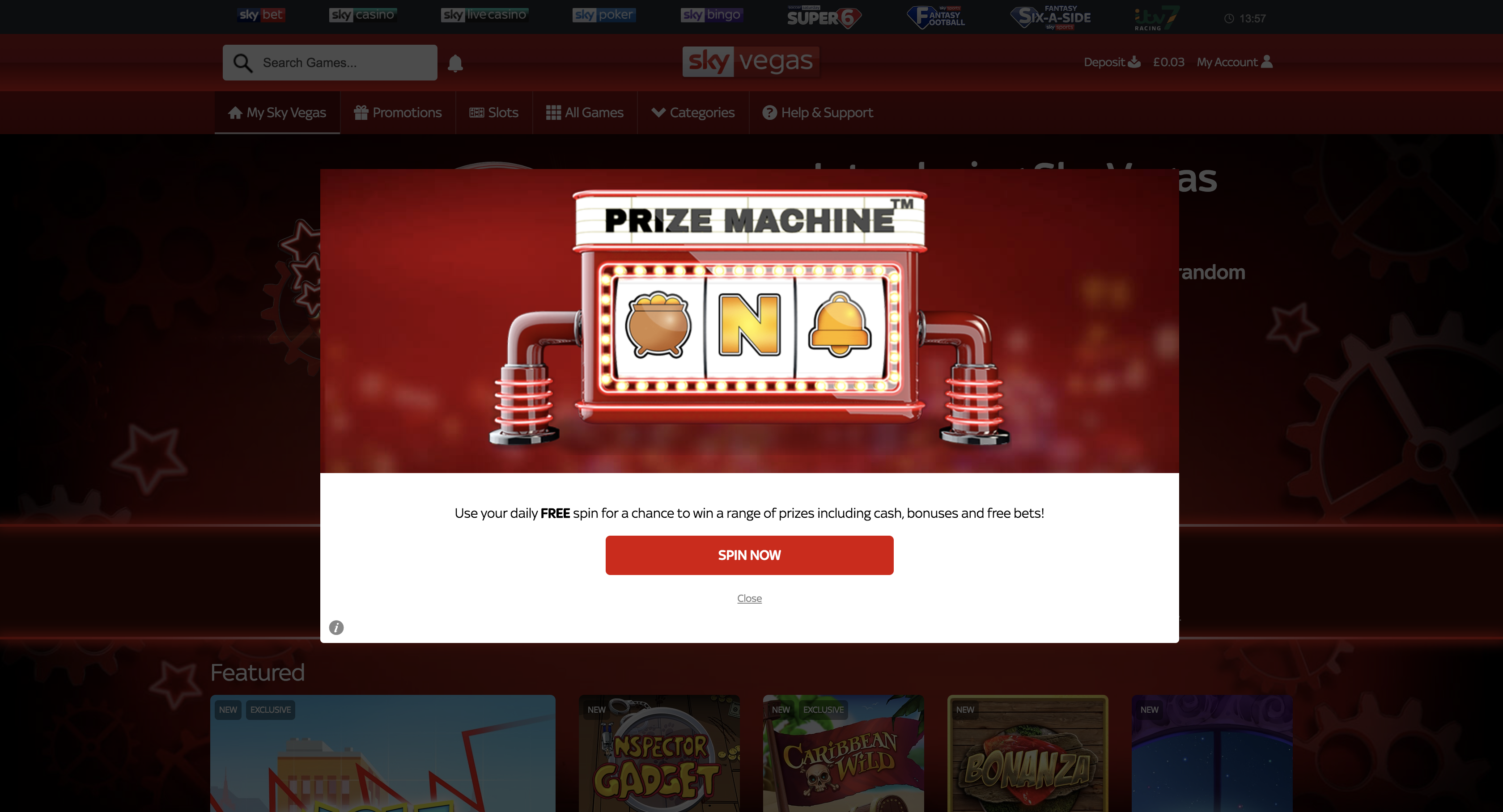 Sky Vegas prize machine